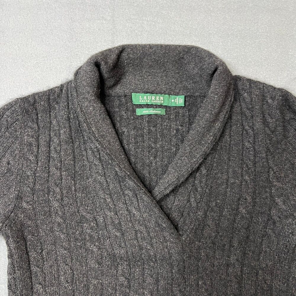Lauren Ralph Lauren Sweater Women's Medium Gray Cashmere Cable Knit Shawl Collar - Picture 3 of 10